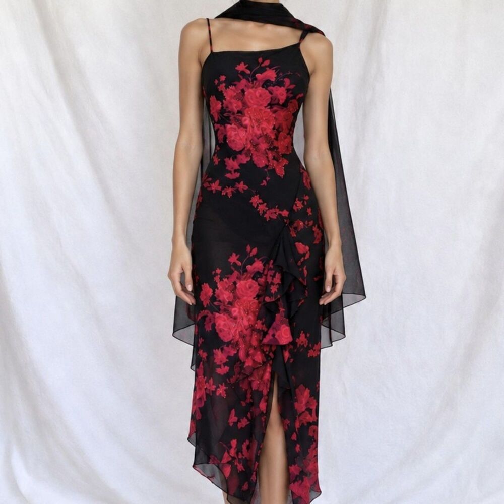 Vintage Black Red Floral Beaded One Shoulder Ruffle Side Slit Dress Size M